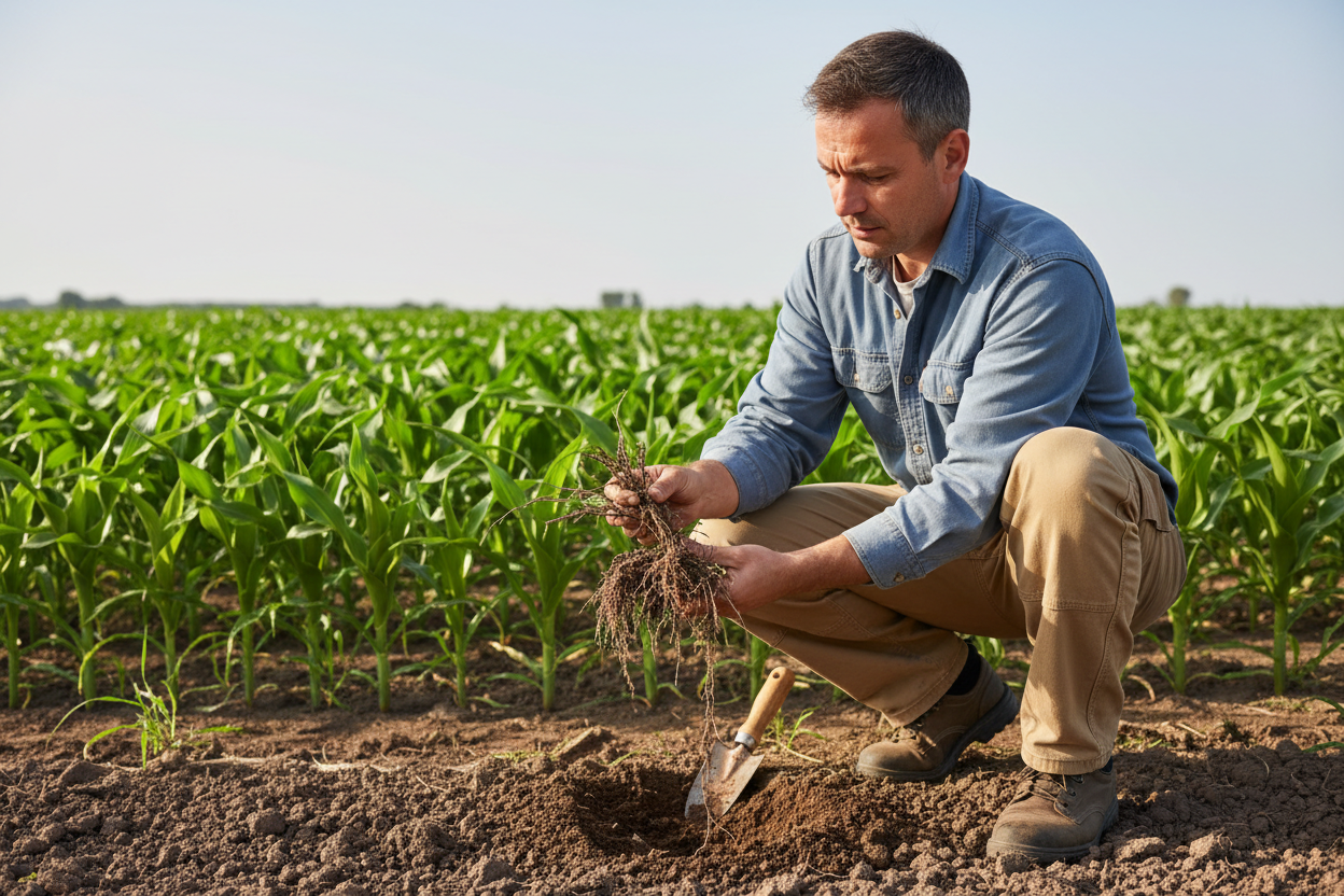 Agronomist Examining Soil and Crops